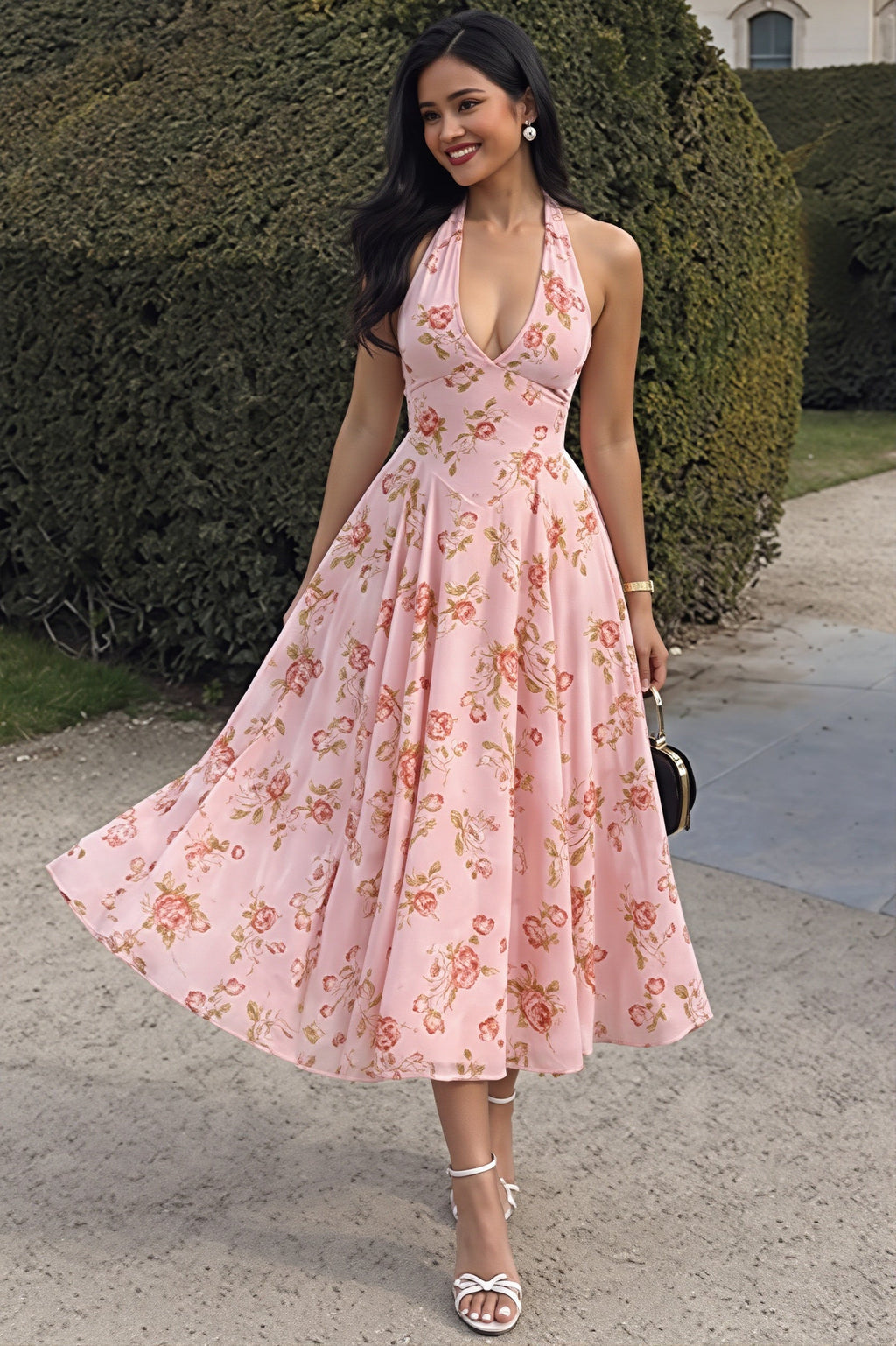 Print Halter Neck V Sheer Mesh Backless Midi Dress
