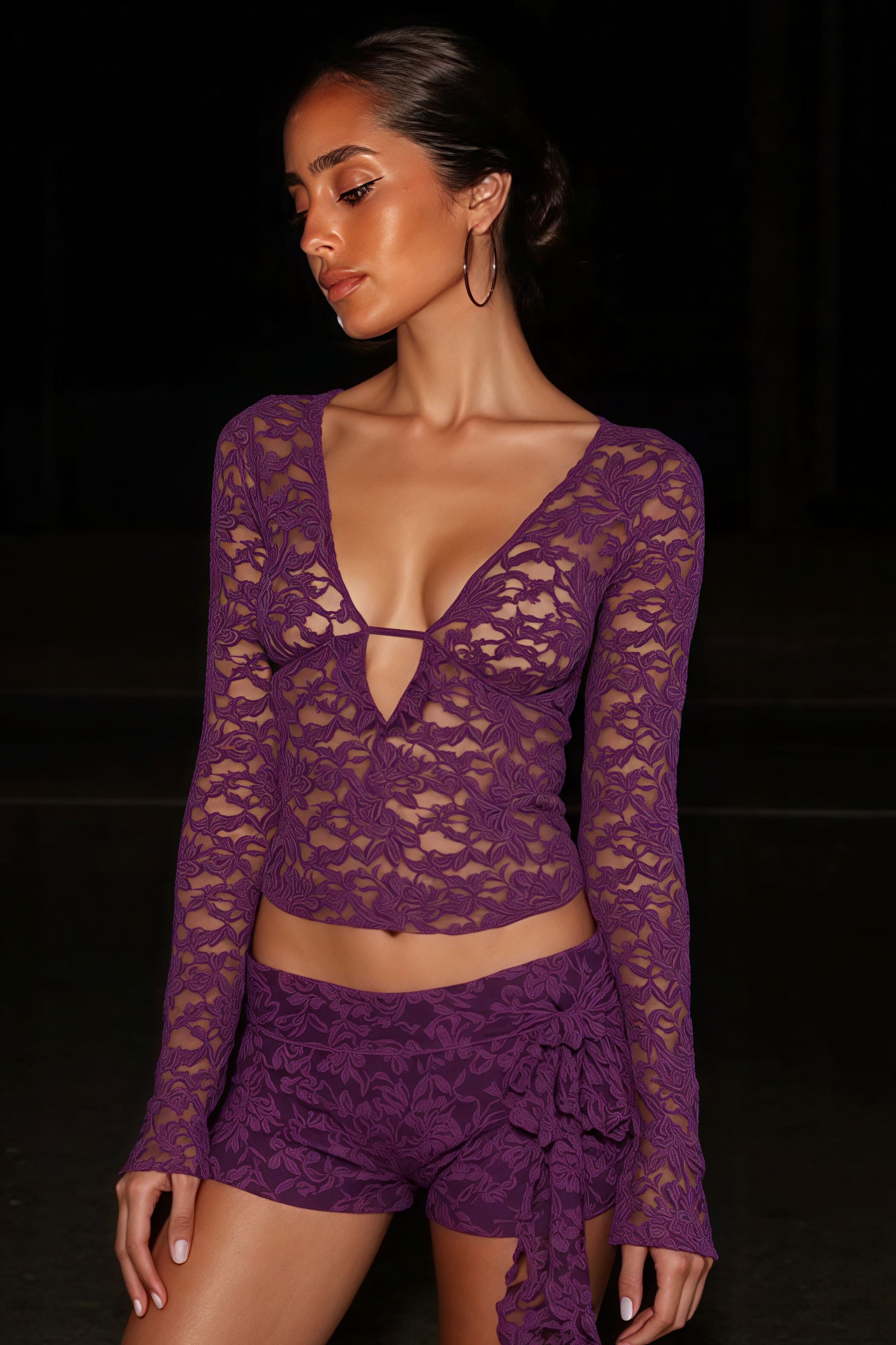 Lace Deep V Sheer Long Sleeve Blouse