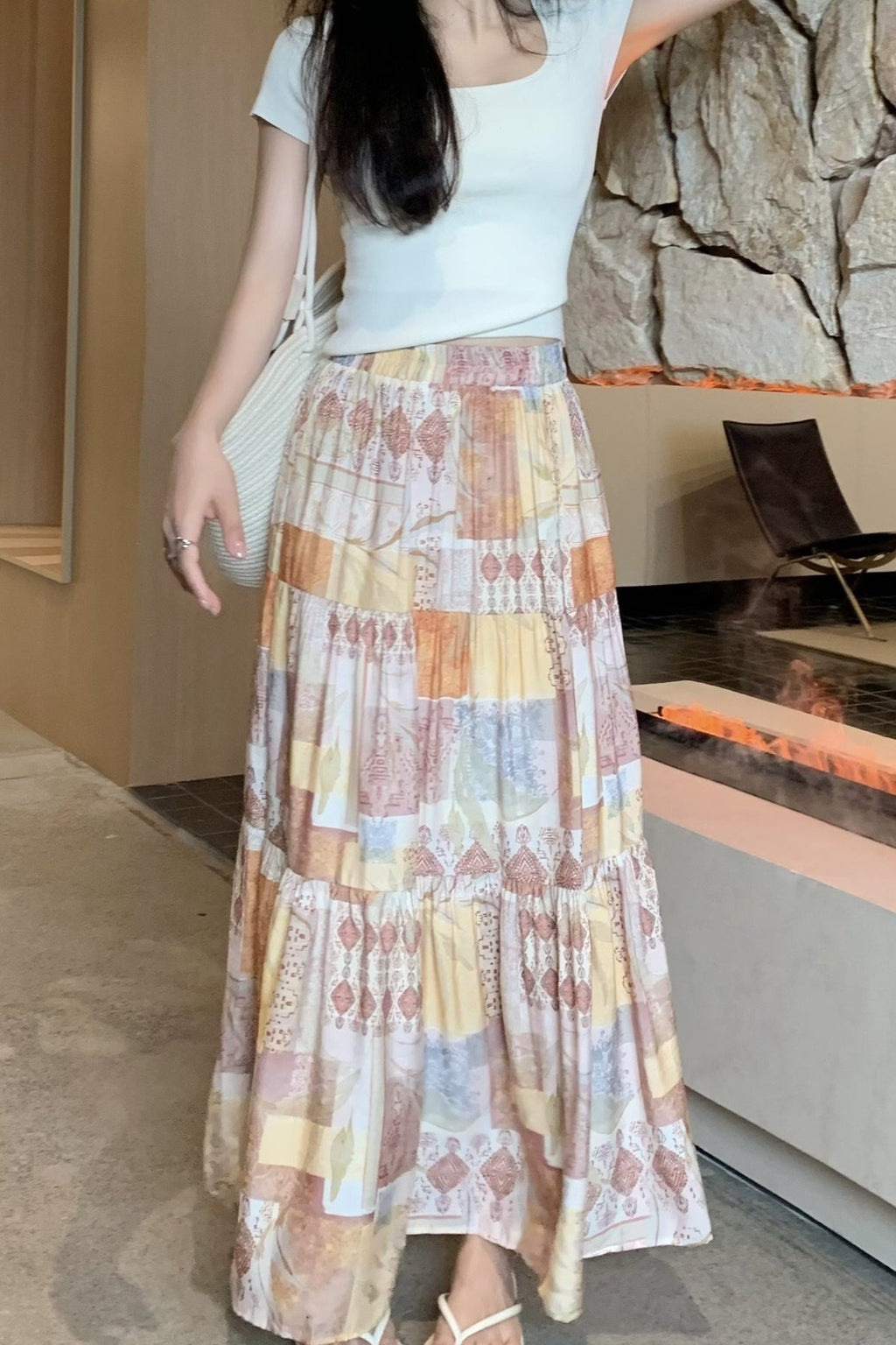 Orange Tiered A Line Flowy Skirt