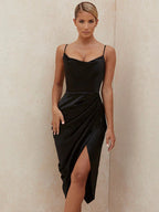 Slim Fit Halter Neck Satin Split Party Dress