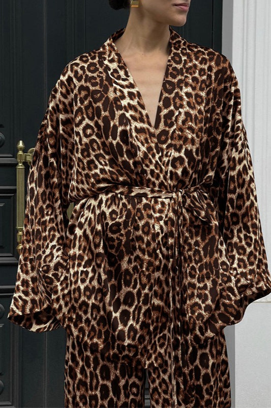Printed Long-Sleeve Shirt Belted Wide-Leg Pants Two Piece Set
