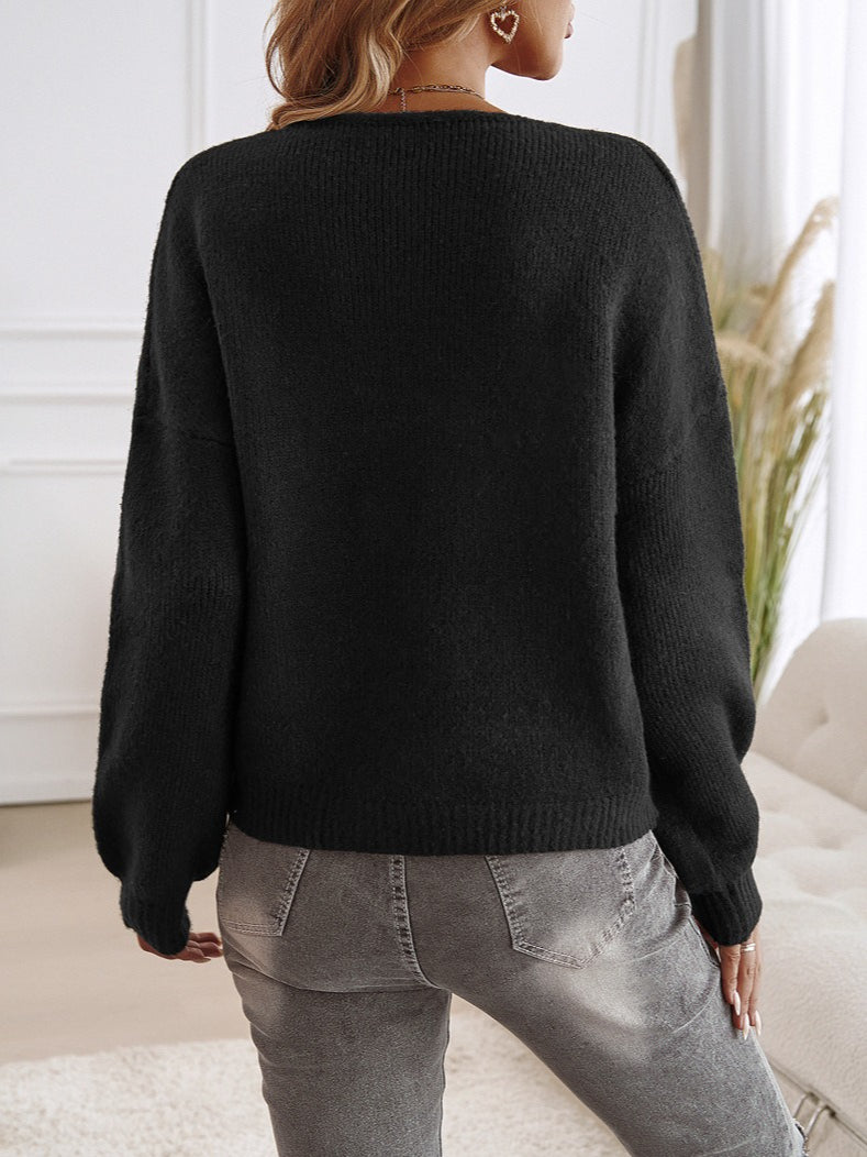 Loose Fit Button-Down Tie-Front Solid Color Sweater