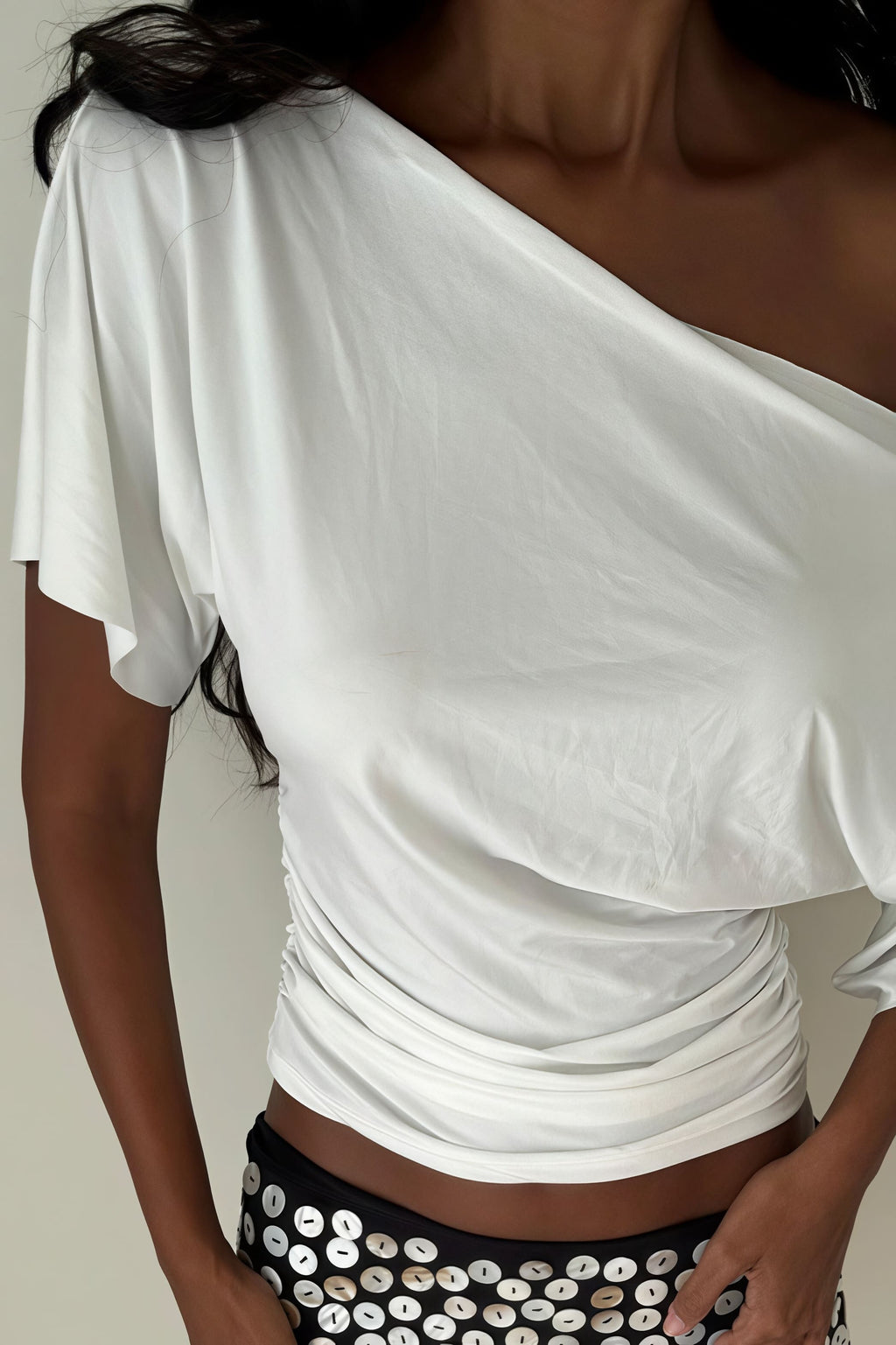 Solid Off Shoulder Shirred Waist T-Shirt