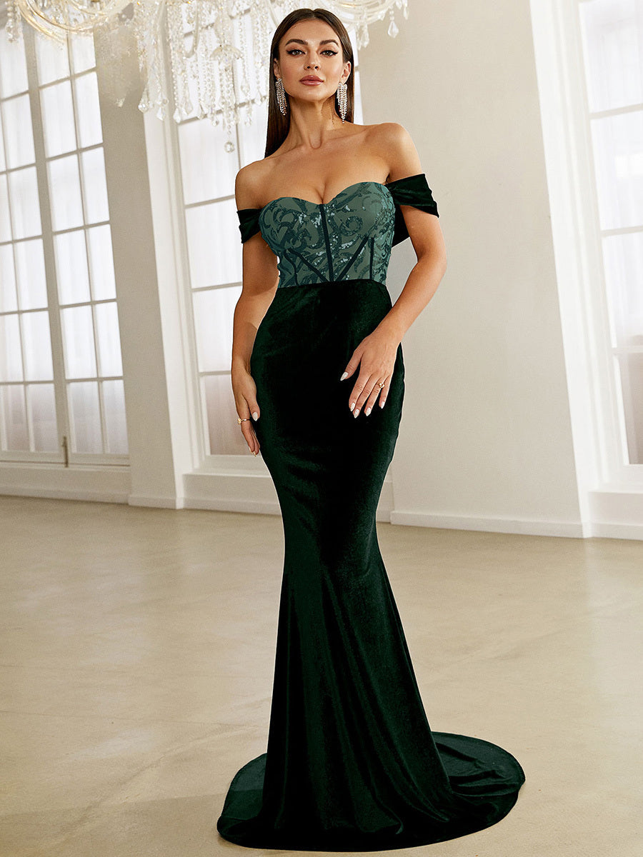 Green Velvet Evening Dress Elegant Off Shoulder Sequin Bodycon Maxi Party