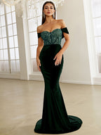 Green Velvet Evening Dress Elegant Off Shoulder Sequin Bodycon Maxi Party