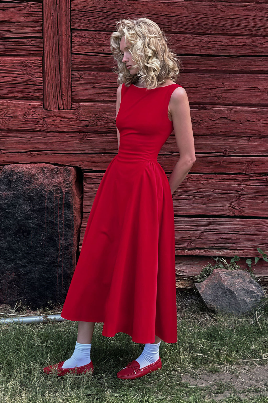 Solid Sleeveless Waisted Slim Midi Dress