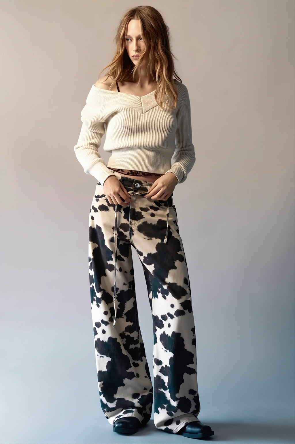 Retro Cow Print Washed Straight Jeans