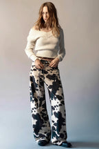 Retro Cow Print Washed Straight Jeans