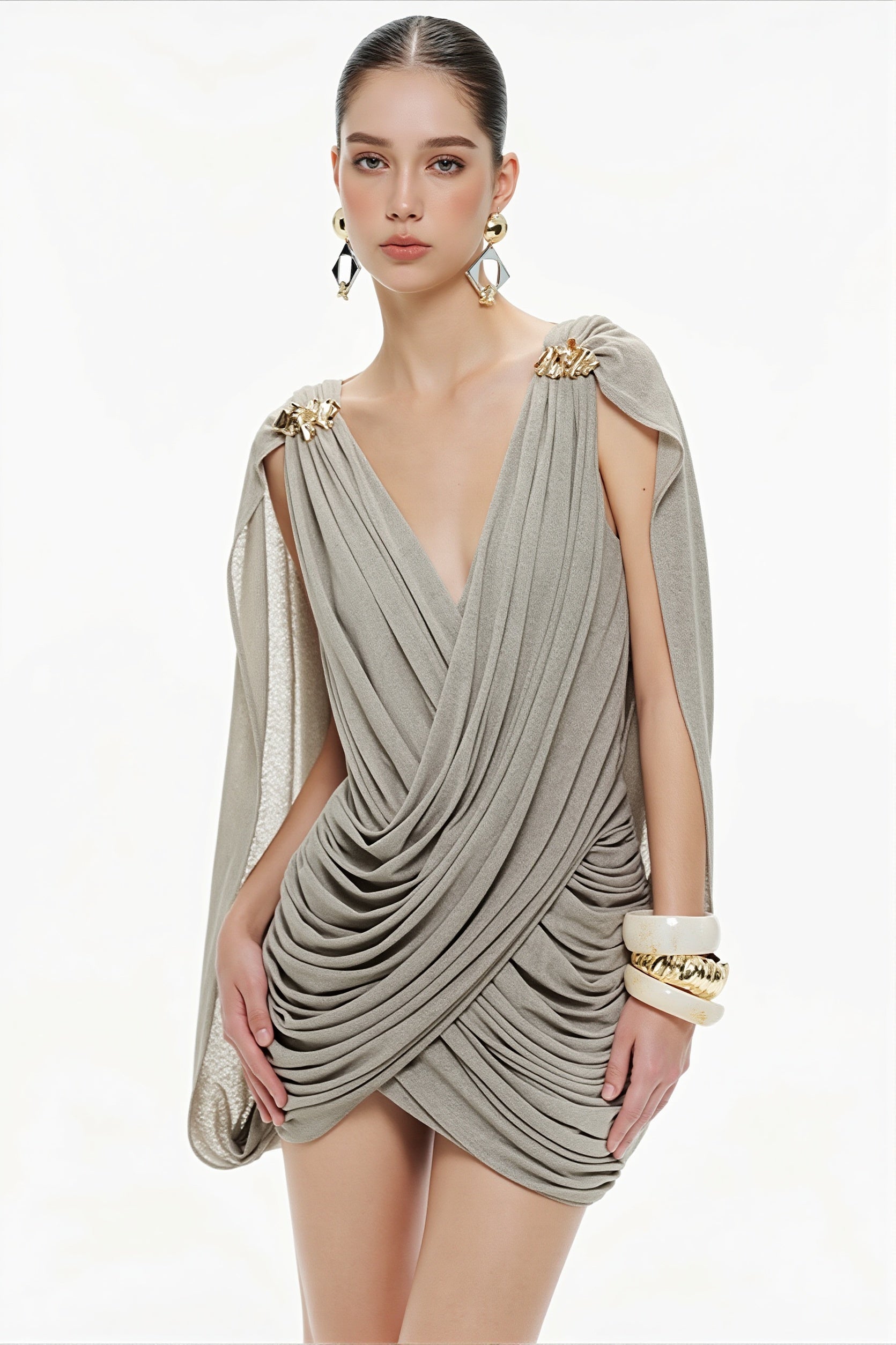 Solid Deep V Asymmetric Mini Dress