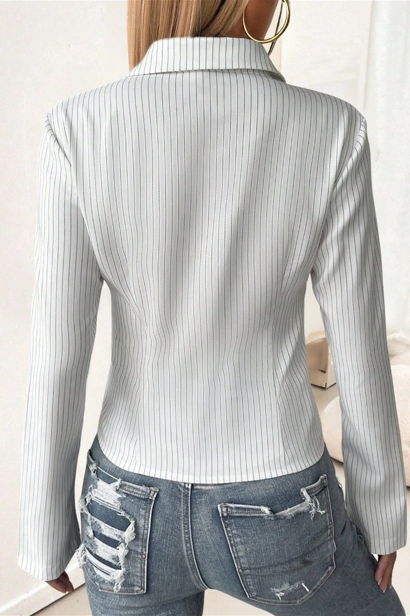 Lapel Buckle Flare Sleeve Long Blouse