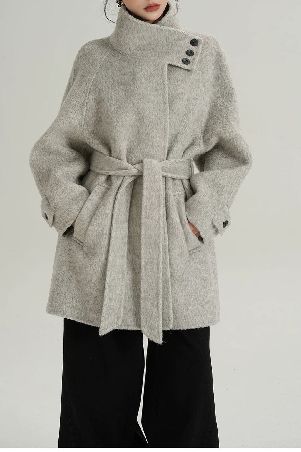 Solid Wool Warm Loose Mock-Neck Coat