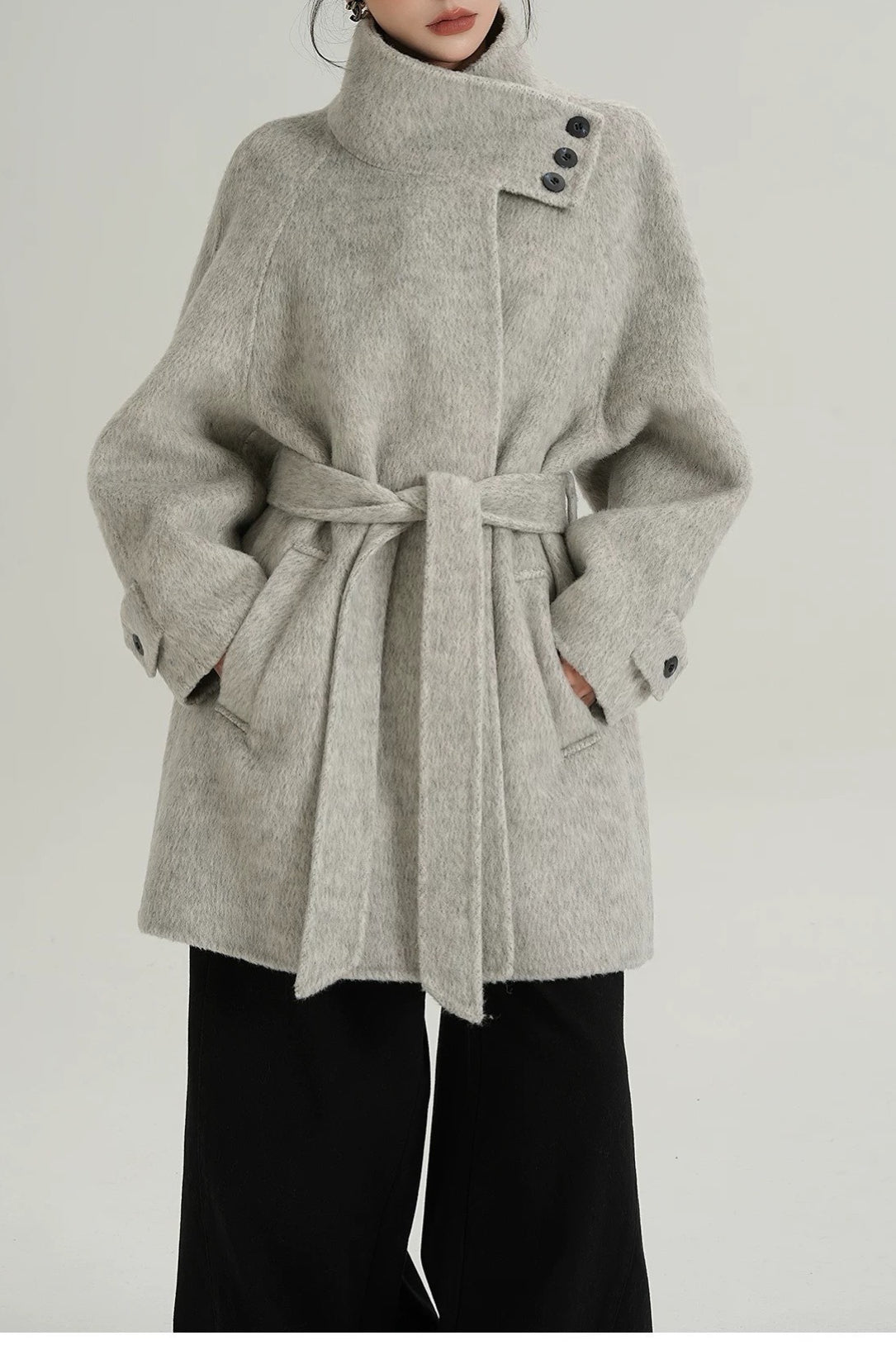 Solid Wool Warm Loose Mock-Neck Coat