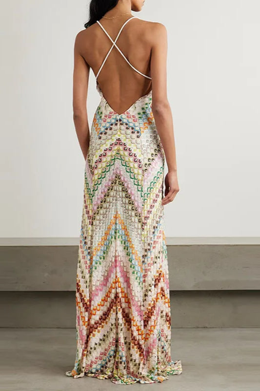 Contrast Color V-Neck Boho Dress