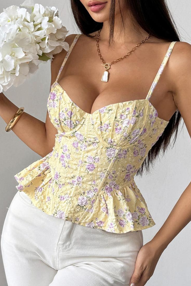 Floral Lace Up Backless Strapless Ruffle Cami Top