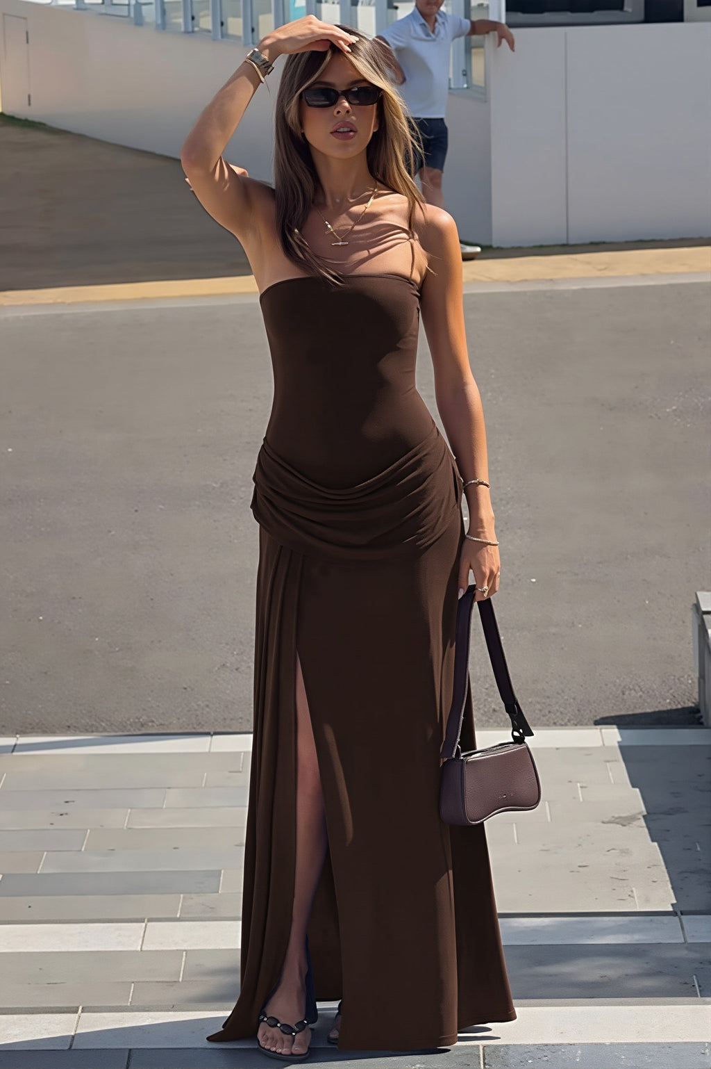 Solid Strapless Ruched Side Slip Maxi Dress