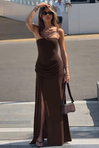 Solid Strapless Ruched Side Slip Maxi Dress