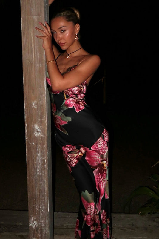 Vintage Floral V-Neck Cami Bodycon Maxi Dress