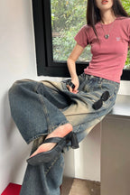 Vintage Washed Whisker Wide Leg Denim Jeans