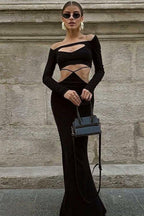 Slim Hollow Long-Sleeve Temperament Maxi Dress