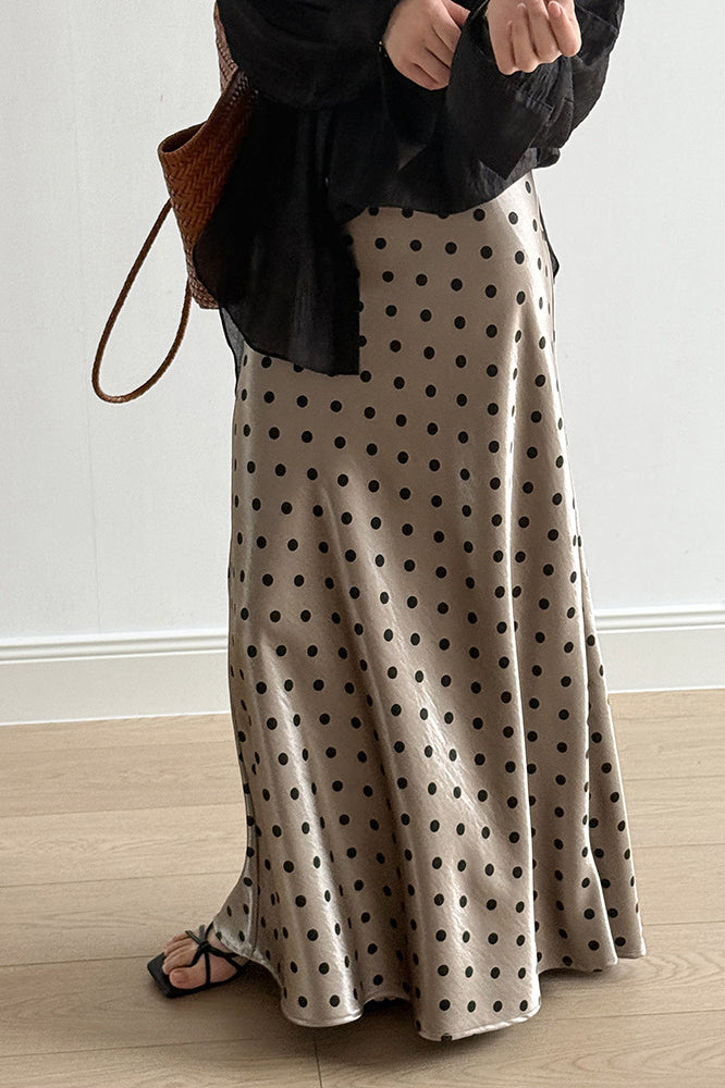 Vintage Polka Dot Satin High Waist A-Line Midi Skirt