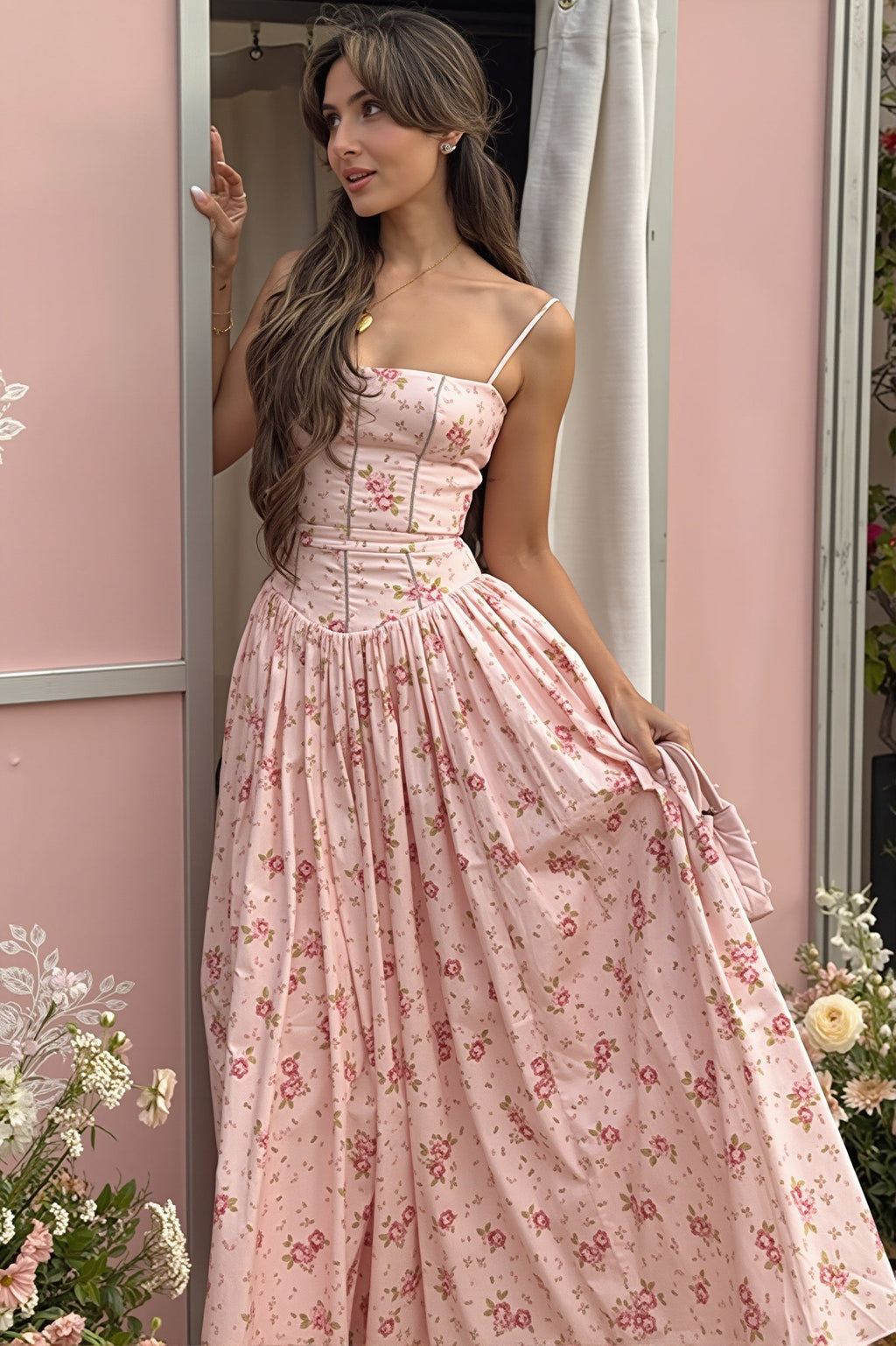 Vintage Floral Cami Slim Fit Maxi Dress