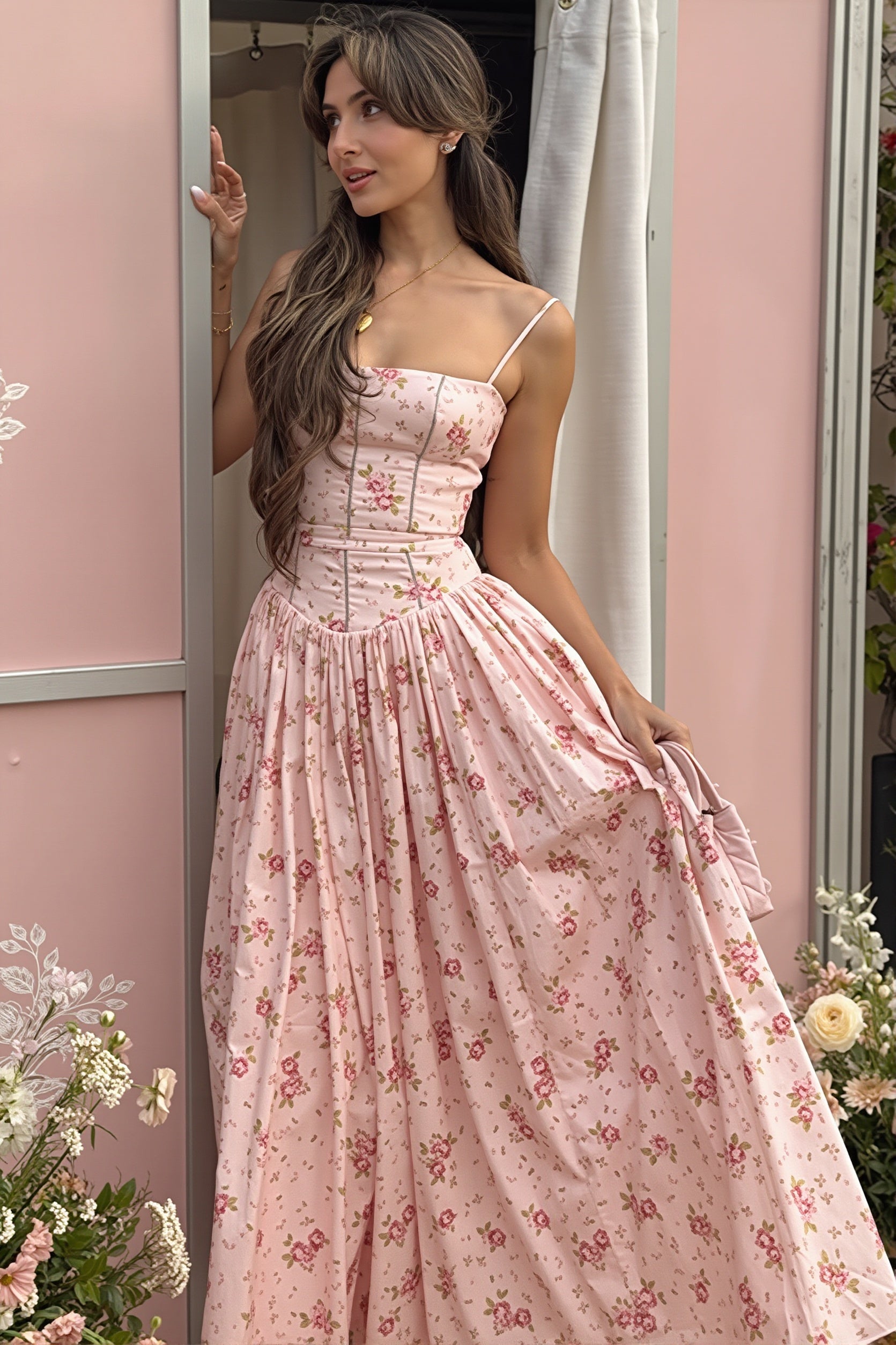 Vintage Floral Cami Slim Fit Maxi Dress