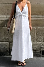 White Cotton Linen V-Neck Ruffle Loose Maxi Dress