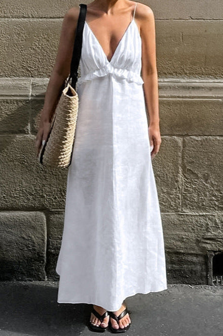 White Cotton Linen V-Neck Ruffle Loose Maxi Dress