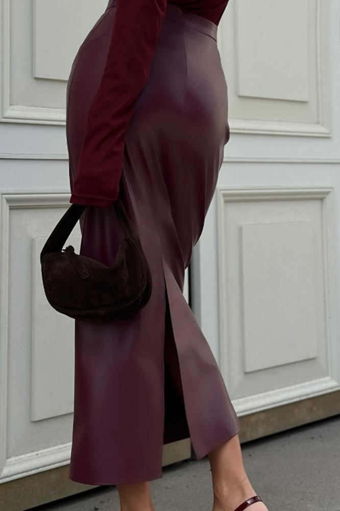 High-Waist Faux Leather Bodycon Skirt With Slit