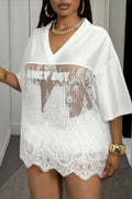 Number Print Loose Street Sheer Lace T-Shirt