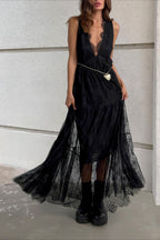 Solid V Neck Loose Lace Maxi Dress