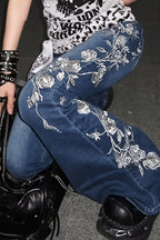 Retro Rose Embroidery Low Rise Flared Jeans