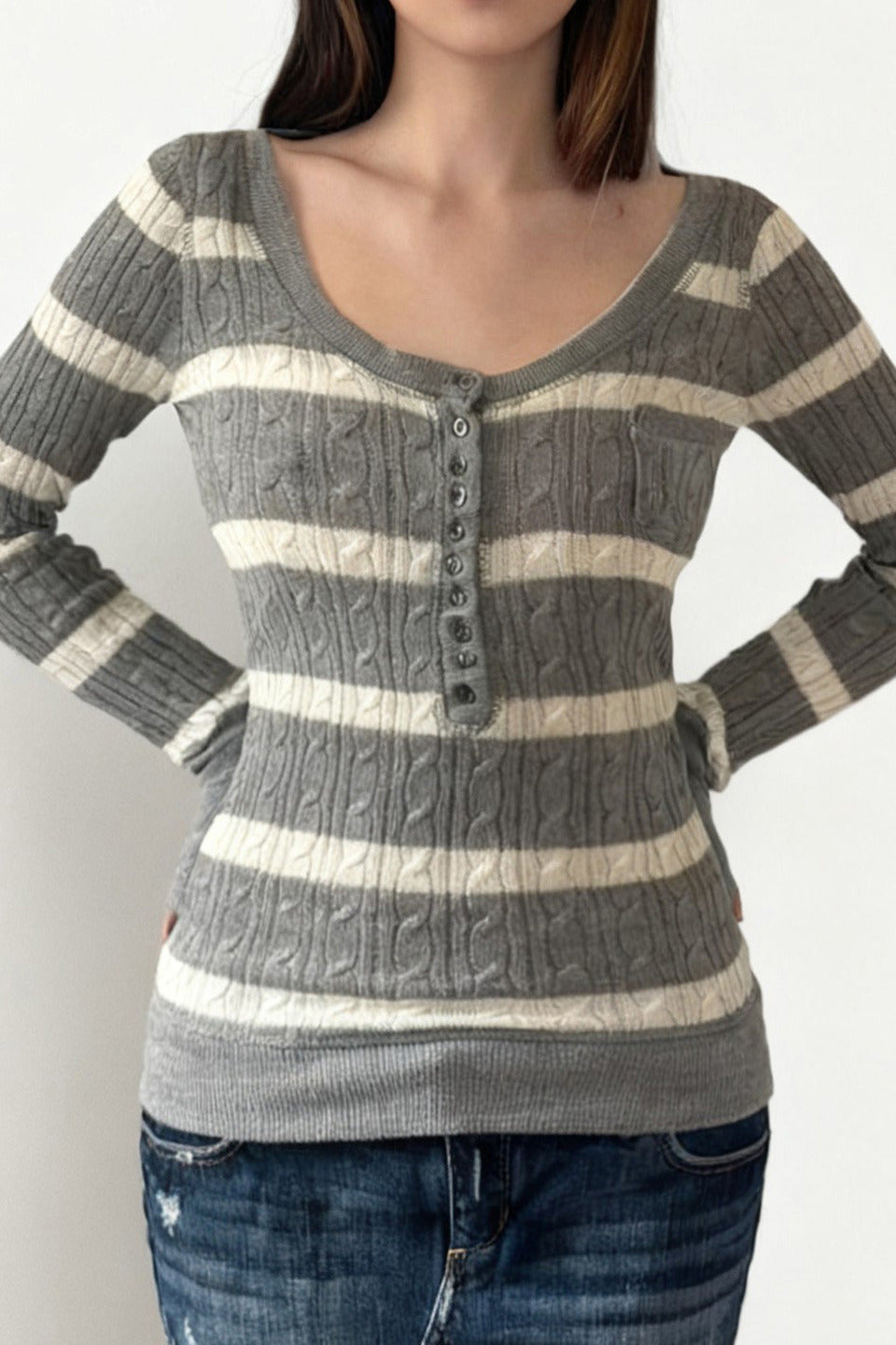 Cable Knit Striped Square Neck Sweet Sweater