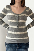 Cable Knit Striped Square Neck Sweet Sweater