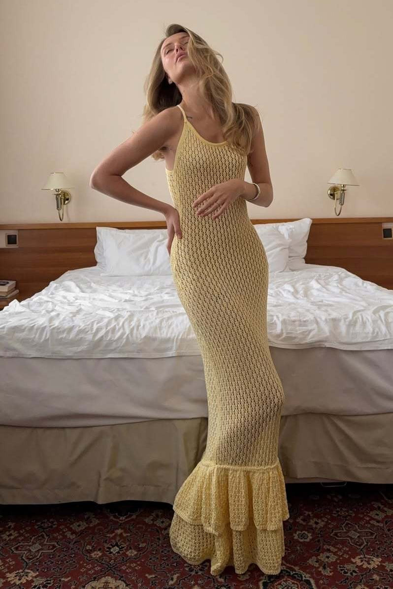 Boho Ruffle Knit Cutout Sheer Cami Maxi Dress
