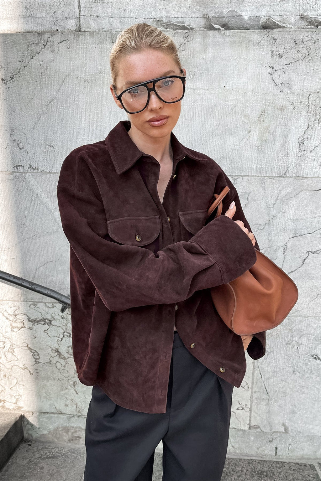 Brown Suede Loose Blazer Coat