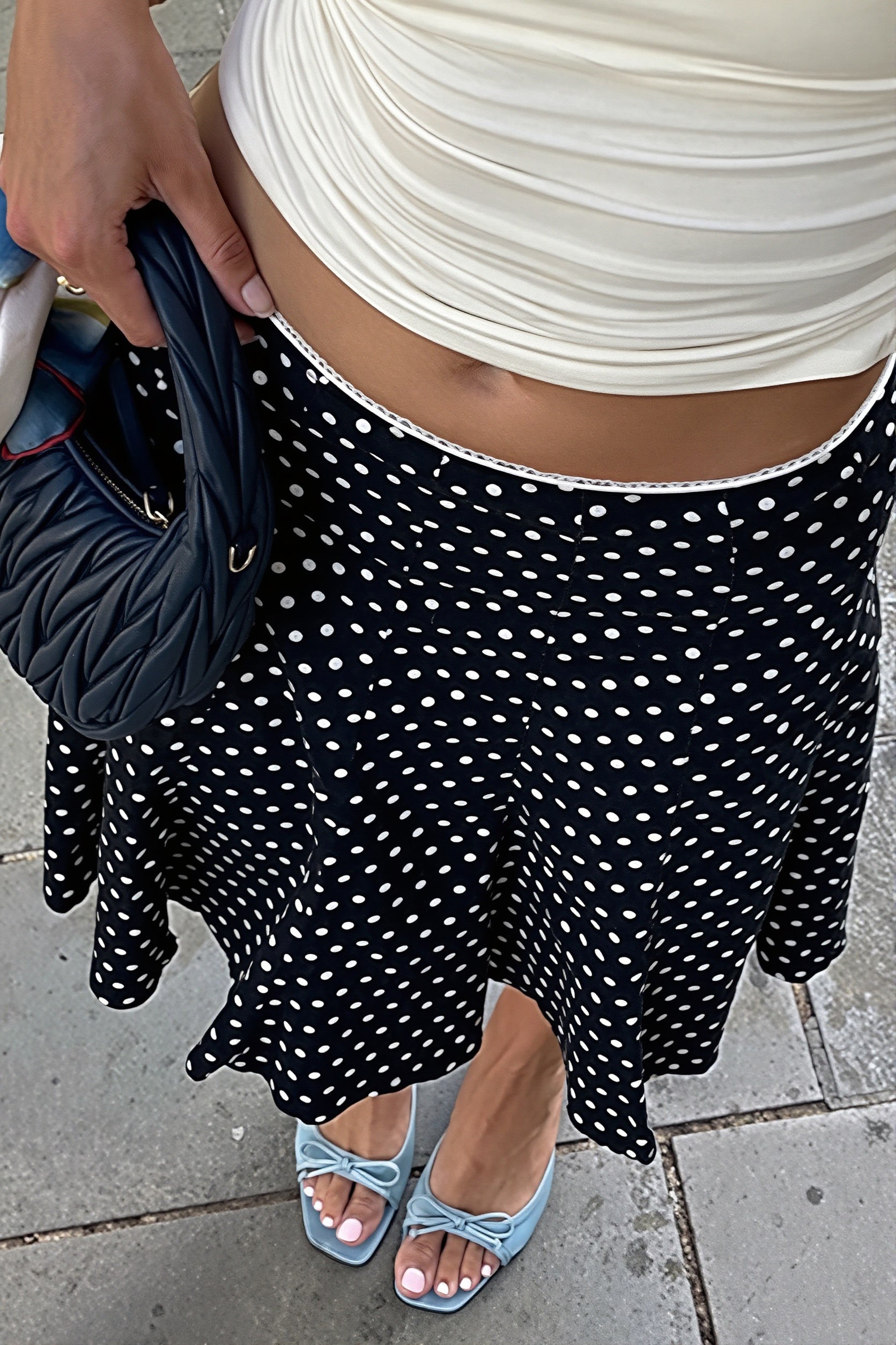 Polka Dot Ruffle Trim Bodycon Midi Skirt