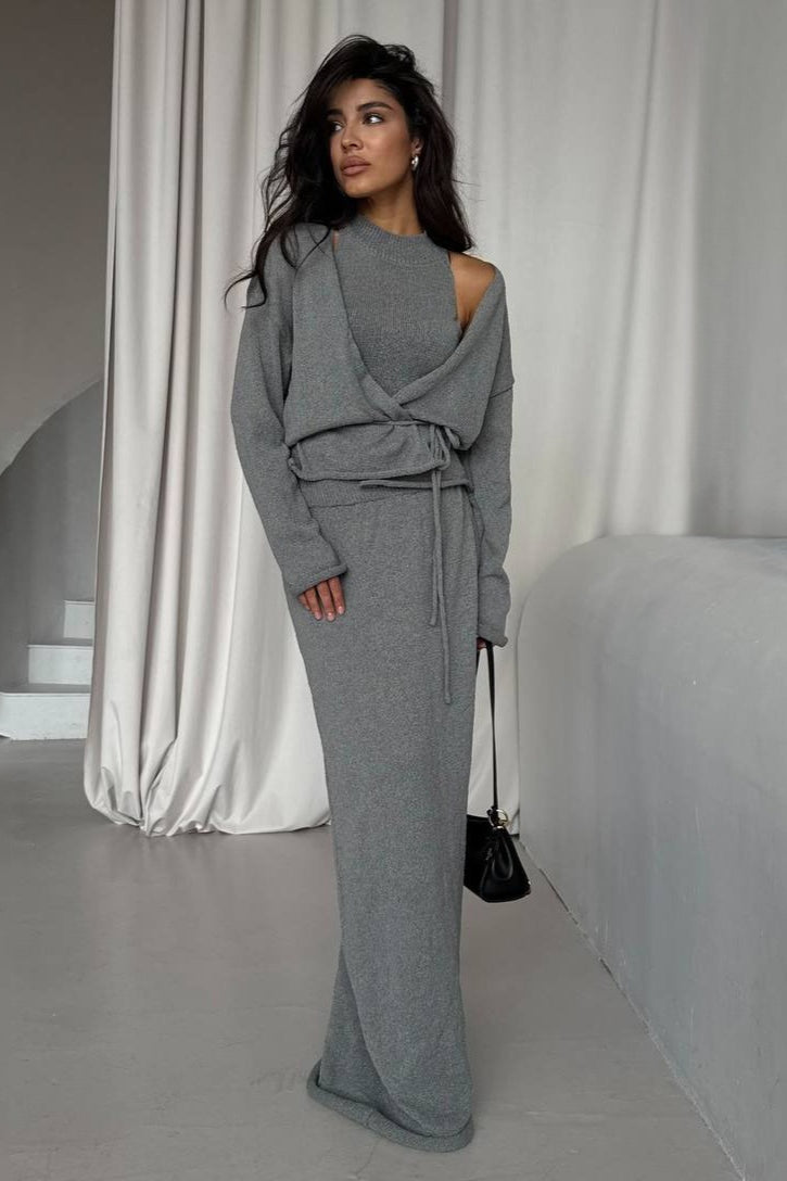 Knit Vest & Bodycon Skirt With Belt Three Piece Set