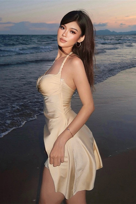 Solid Halter Bandeau Waist Cinched Mini Dress