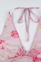 V Neck Mesh Floral Print Irregular Ruffle Halter Top