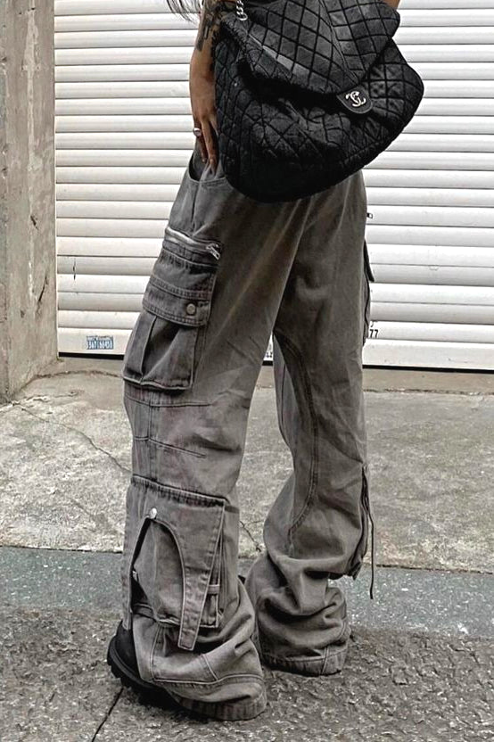 Streetwear Multi-Pocket Cargo Washed Jeans