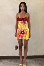 Floral Print Draped Cowl Neck Off Shoulder Mini Dress