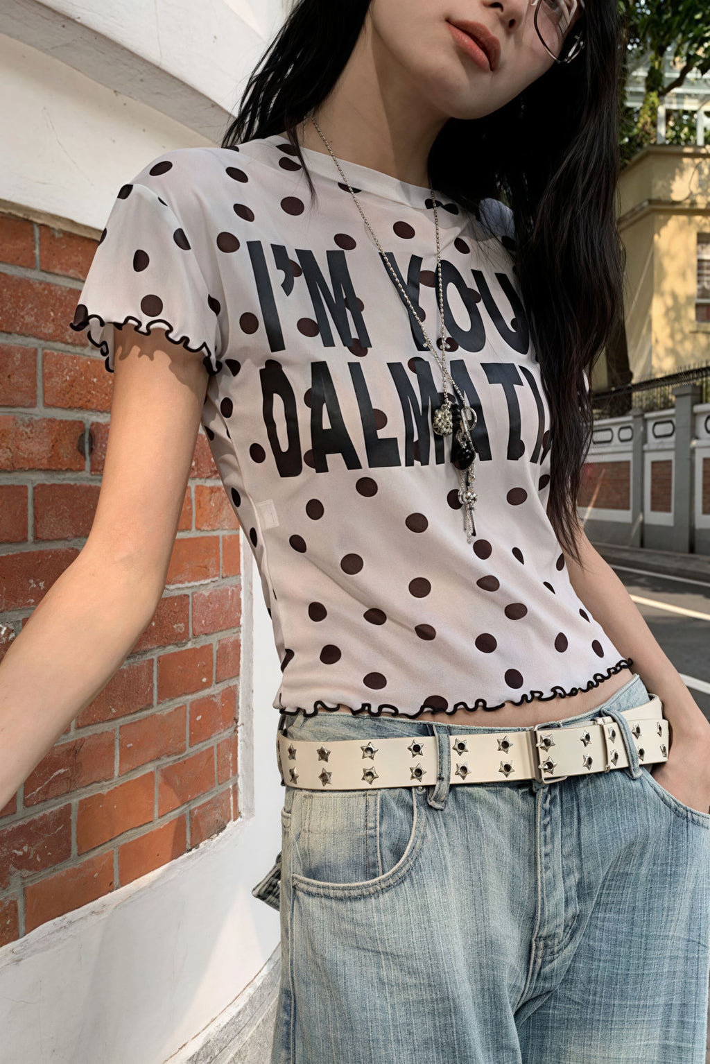 Mesh Polka Dot Letter Crop T-Shirt