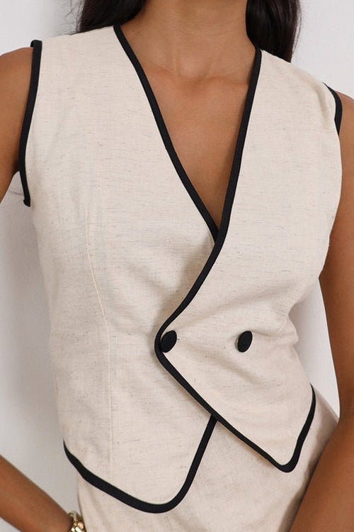 Sleeveless V Neck Vest Skirt Cotton Set