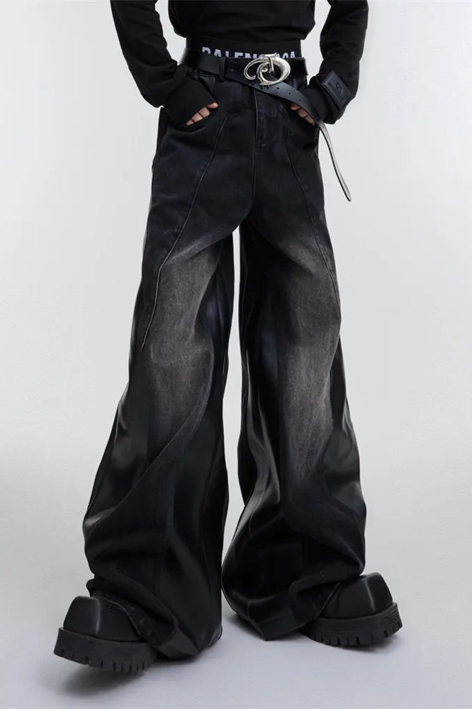 Wide Leg Pu Leather Patchwork Jeans
