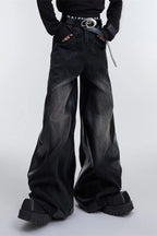 Wide Leg Pu Leather Patchwork Jeans