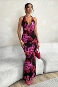 Floral Cross Strap Backless Maxi Dress