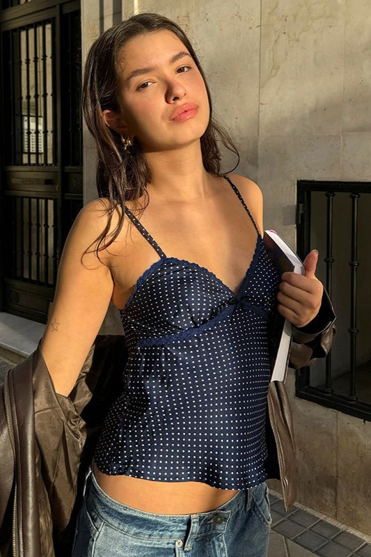Polka Dot Color Block Lace Cami Top