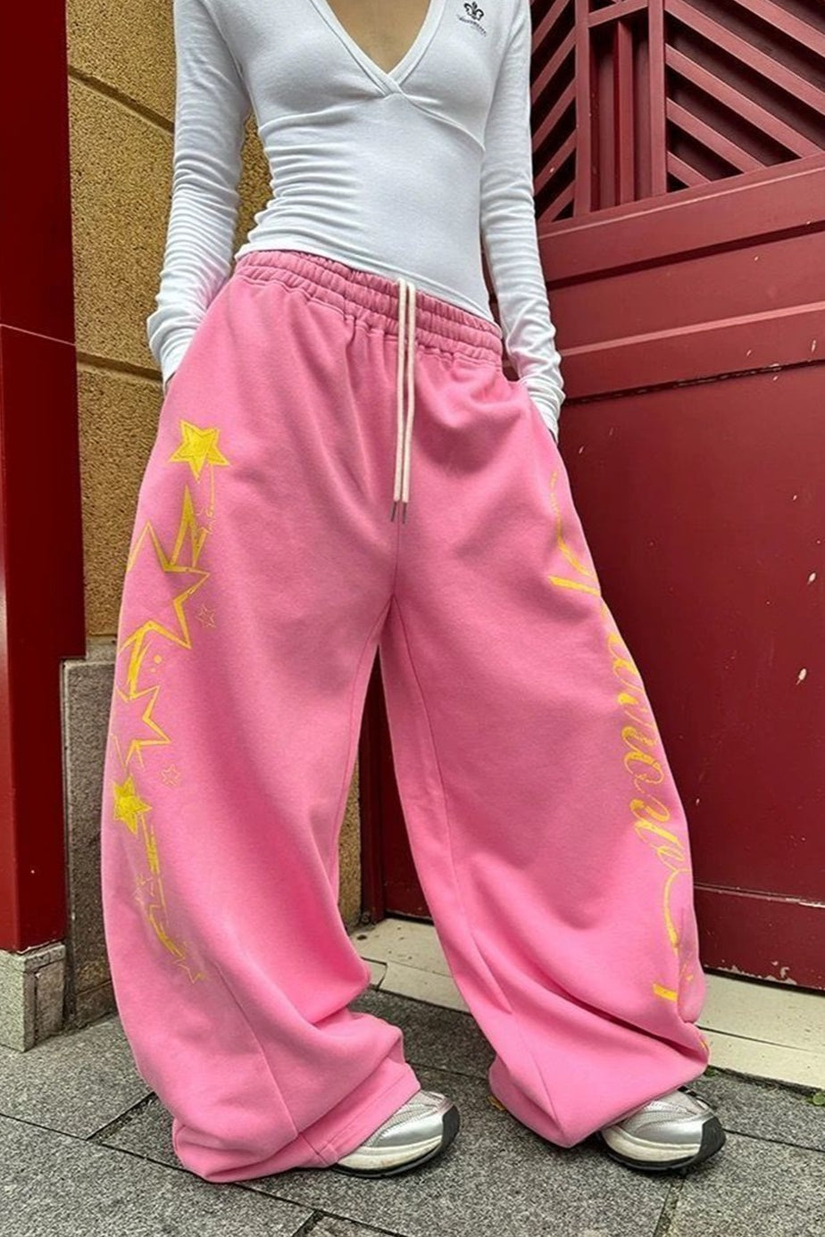 Y2K Star Graphic Drawstring Wide Pants