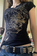 Vintage Print Rhinestone Slim Short Sleeve T-Shirt